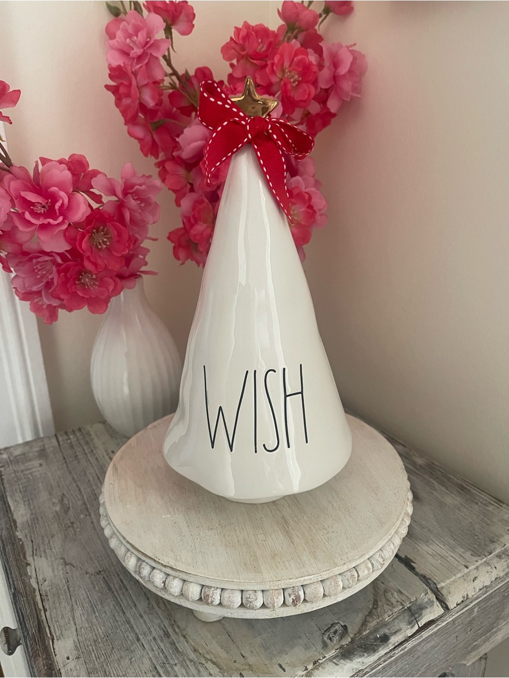 Rae Dunn Ceramic 'WISH' Decorative Tree with Red Bow - Home Party Accent